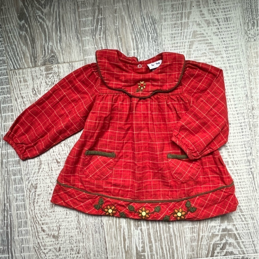 Le Top Toddler Girl Blouse Tunic Peasant Style Orange Red Plaid Fall Sz 24 mo